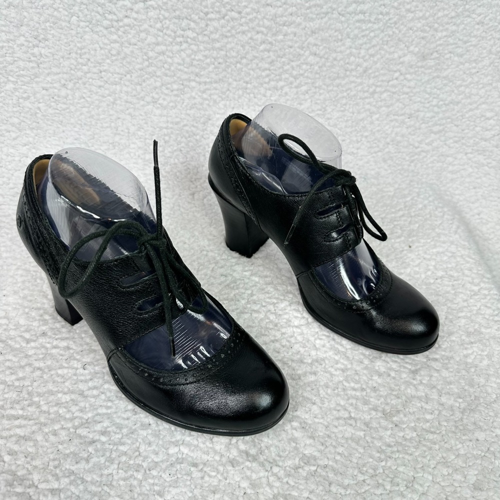 Børn Black Leather Lace Up Oxford Heels Size 8 Comfort Block Heel Brogue Pumps - Picture 10 of 10